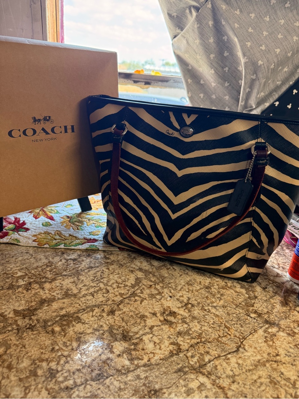 Coach Black and White Zebra-Pattern Canvas Tote with Brown Leather Straps